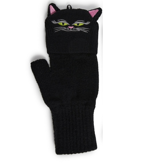 Women's Black Kitty Cat Fingerless & Mittens Gloves NWT - Picture 2 of 12